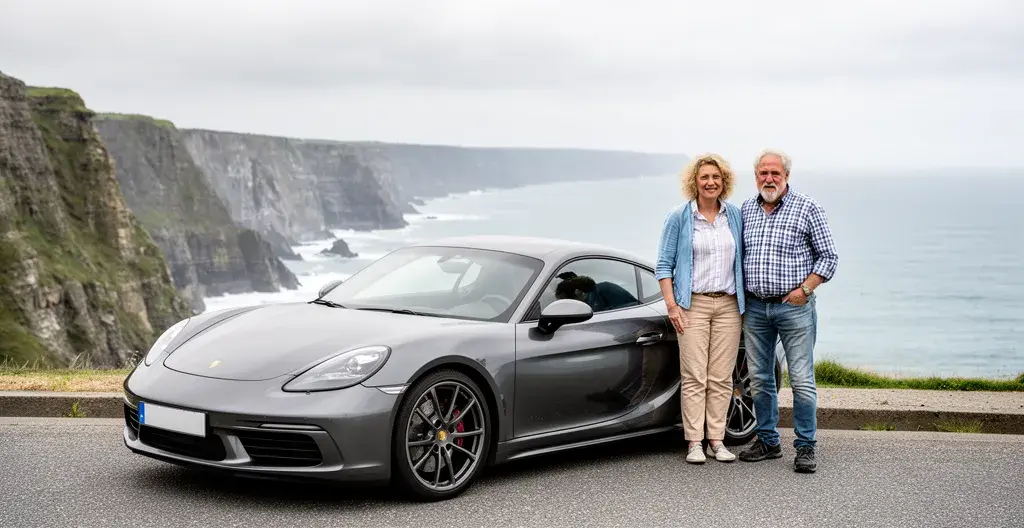 Couple propriétaire d'une voiture de sport sur route côtière le weekend