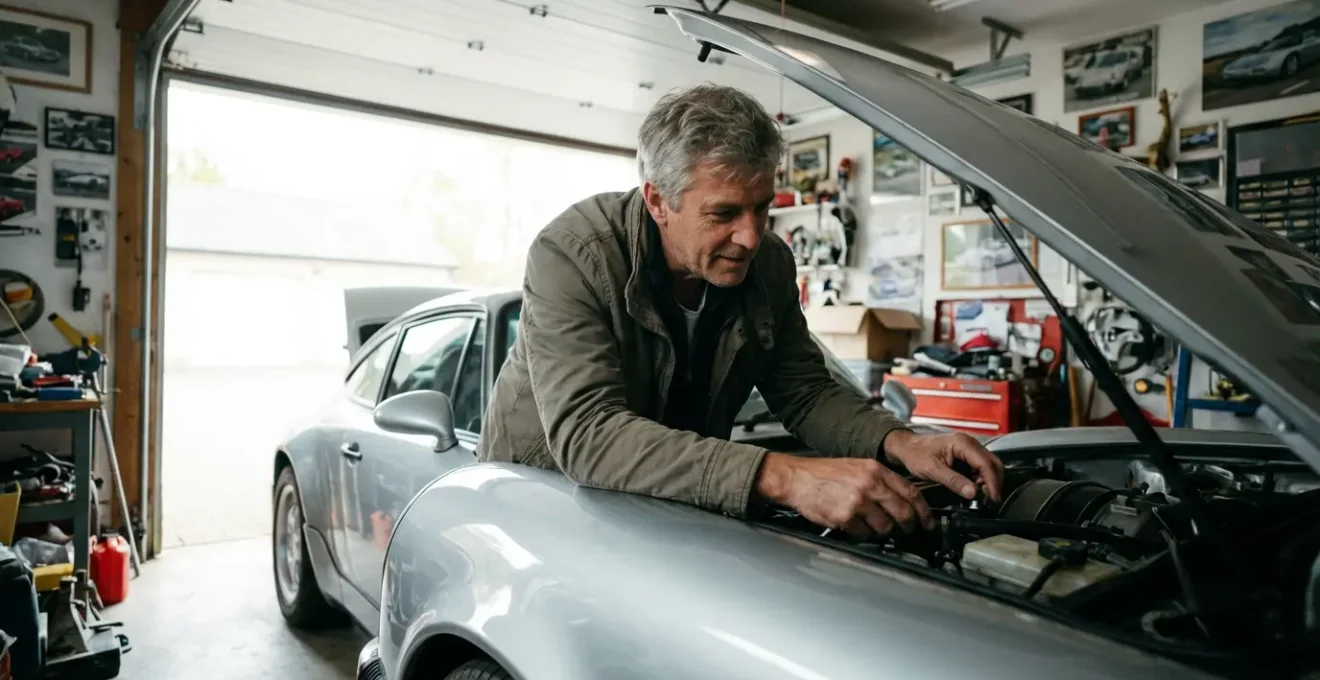 Propriétaire inspectant sa voiture de sport dans un garage privé