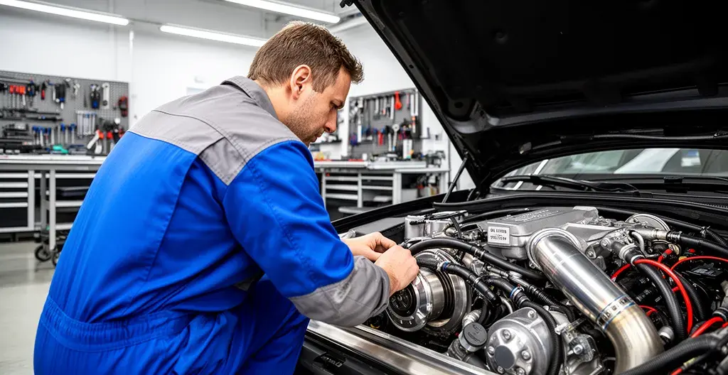 Spécialiste examinant un moteur haute performance dans un atelier Spécialiste examinant un moteur haute performance dans un atelier